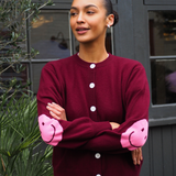 Smile Patch Cashmere Blend Cardigan in Burgundy
