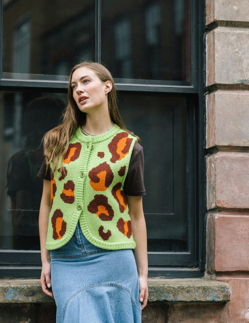 Leopard Print Gilet Green Mix by Slow Love