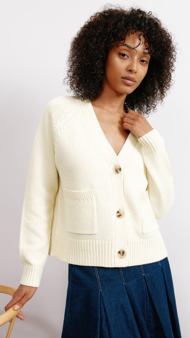 Cream Relaxed V Neck Cardigan by Albaray