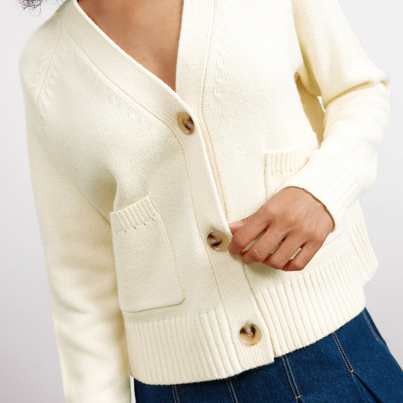 Cream Relaxed V Neck Cardigan by Albaray