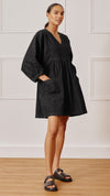 Black Denim Short V Neck Dress by Albaray