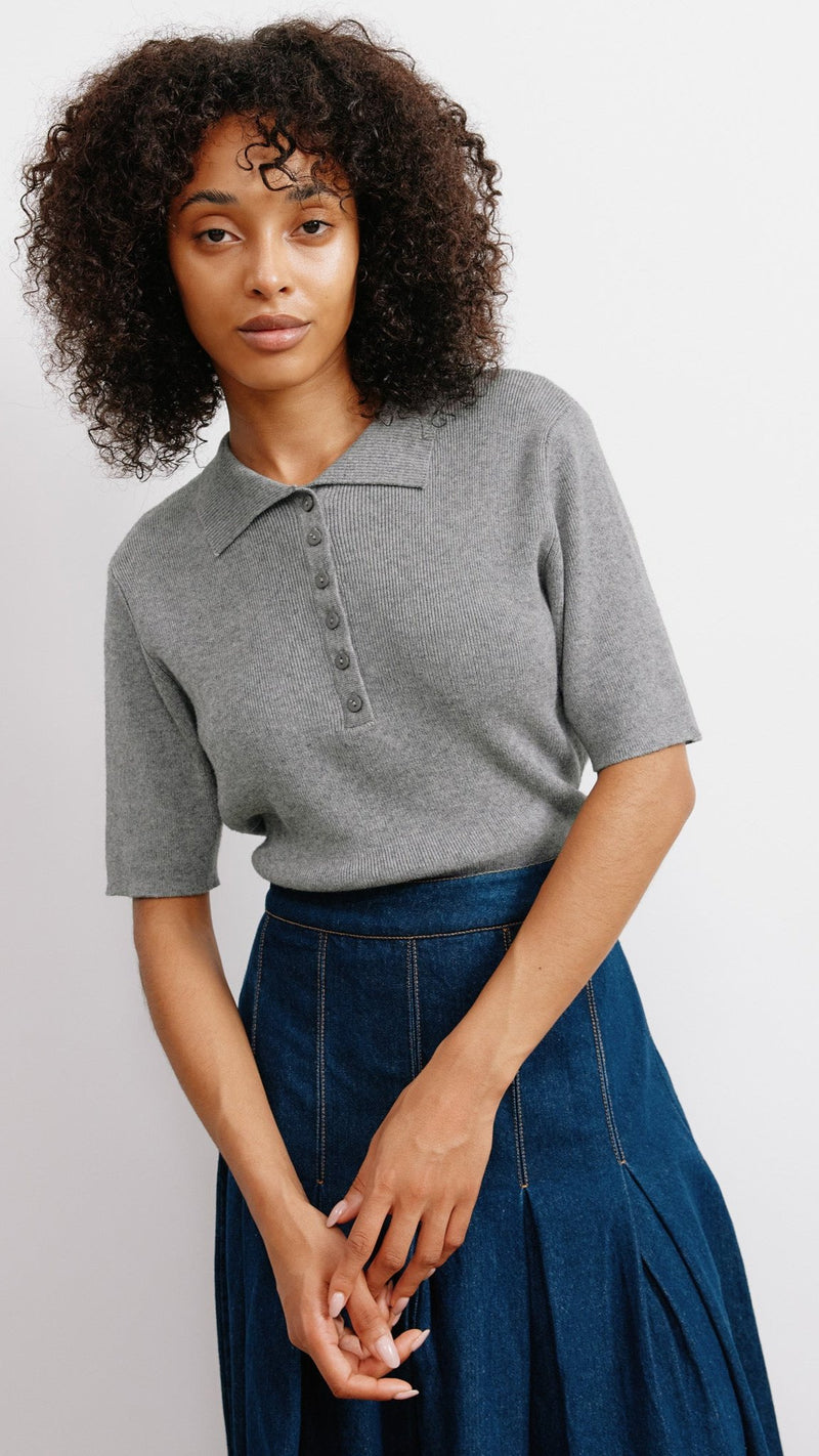 Grey Knitted Polo Top by Albaray