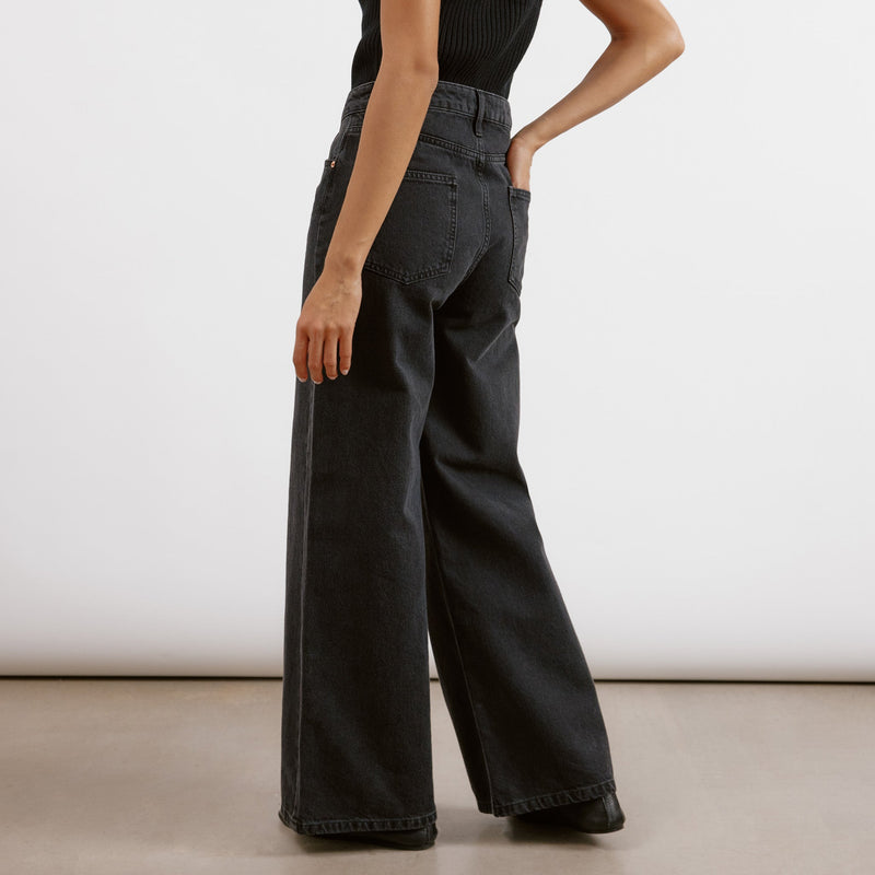 Black Full Length Wide Leg Jeans with Zip Fly by Albaray