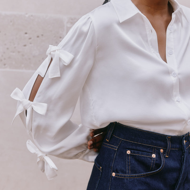 Cream Bow Split Sleeve Blouse by Albaray