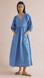 Blue Stripe V Neck Midi Dress by Albaray