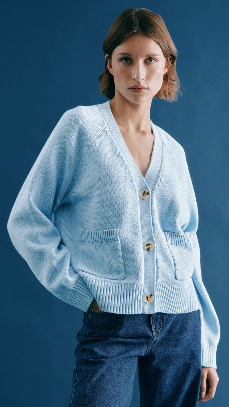 Blue Relaxed V Neck Cardigan by Albaray