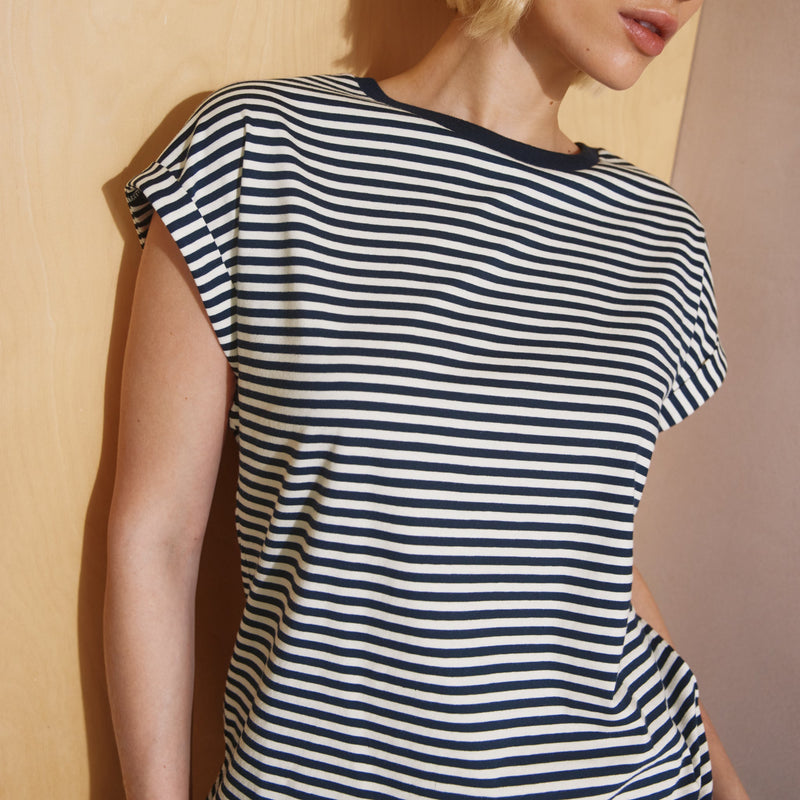 Navy Stripe Roll Back T Shirt by Albaray