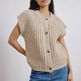 Close-up of beige ribbed wool blend waistcoat with V-neck and chunky knit, sustainable and versatile layering piece for cooler weather