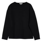 Close-up of black cocoon sleeve knit sweater details, highlighting organic cotton material and sleek minimal design, an understated luxury knitwear staple.