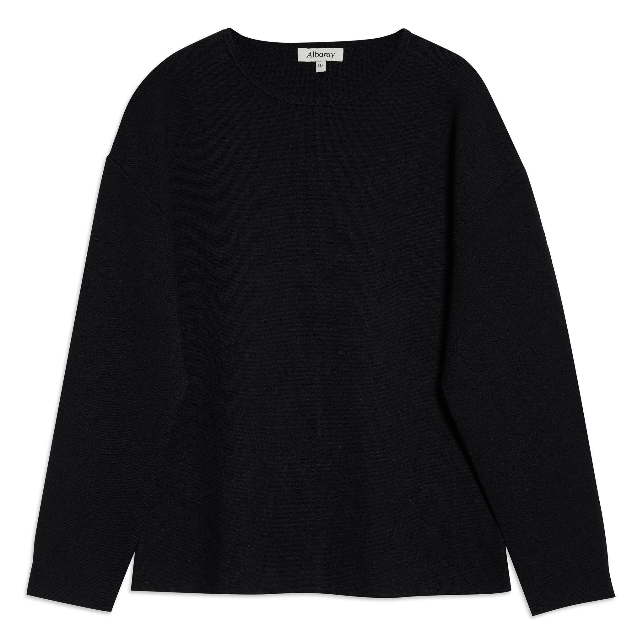 Close-up of black cocoon sleeve knit sweater details, highlighting organic cotton material and sleek minimal design, an understated luxury knitwear staple.