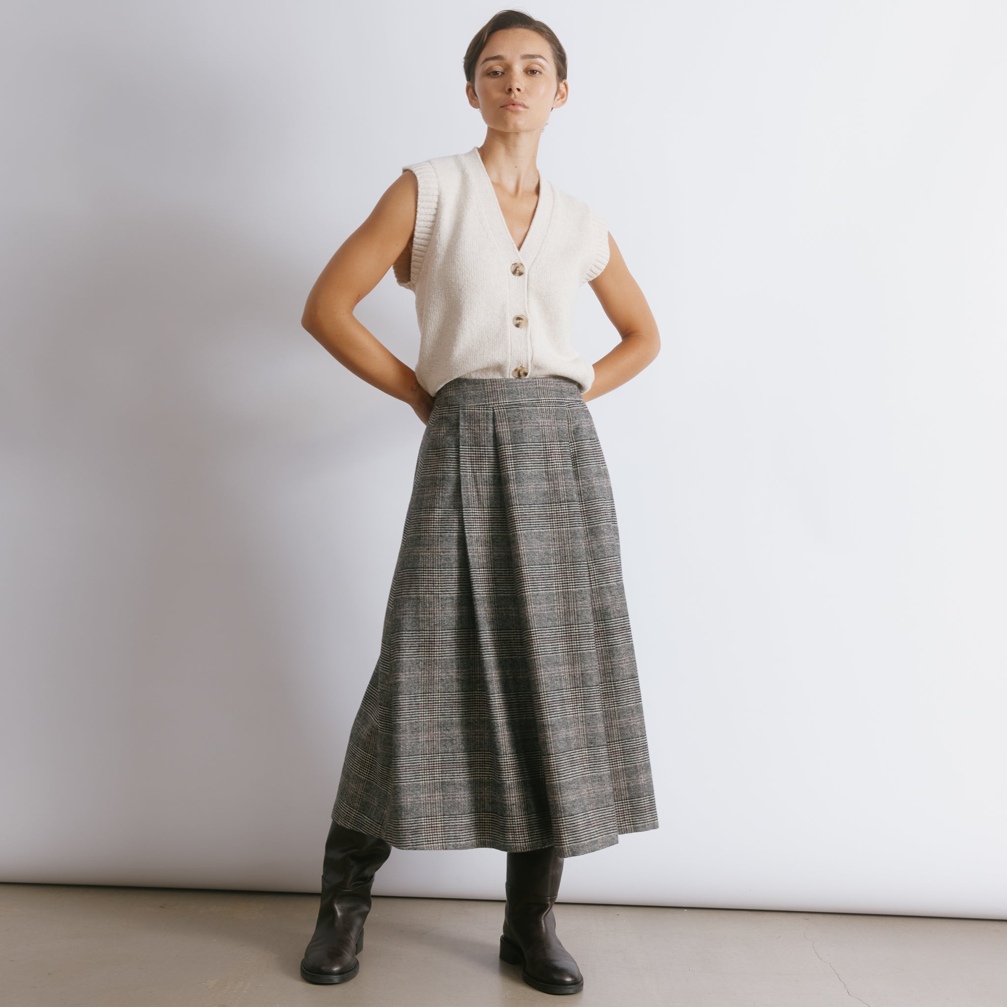 Check Pleated Midi Skirt by Albaray