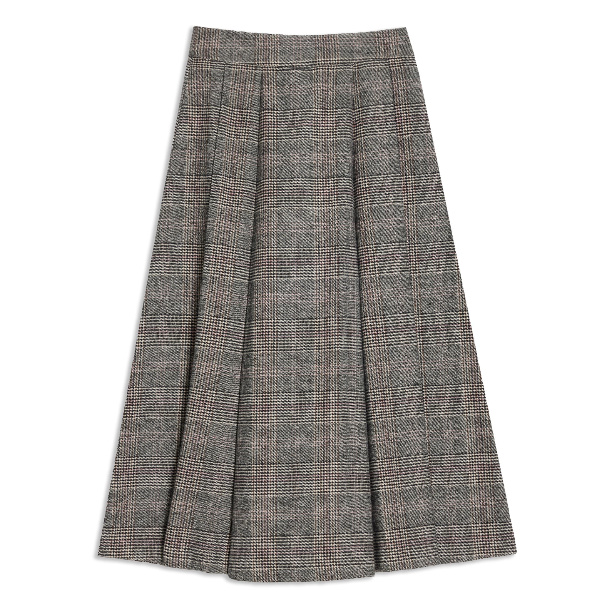 Versatile check pleated skirt crafted with a fitted waist and mid-length design for a refined winter look.