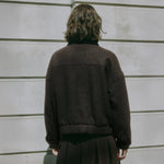 Chocolate bomber jacket in wool blend with relaxed fit boxy silhouette  