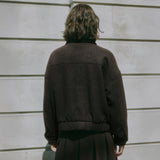 Chocolate bomber jacket in wool blend with relaxed fit boxy silhouette  