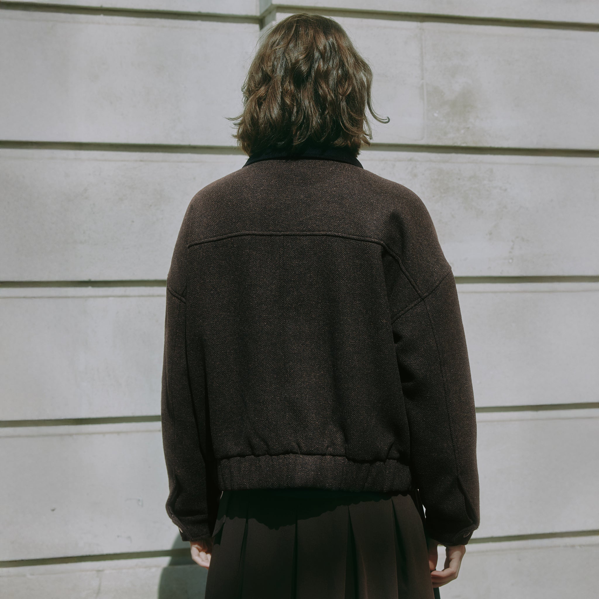 Chocolate bomber jacket in wool blend with relaxed fit boxy silhouette  