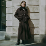 Chocolate wool jacket in boxy fit design for casual layering style  