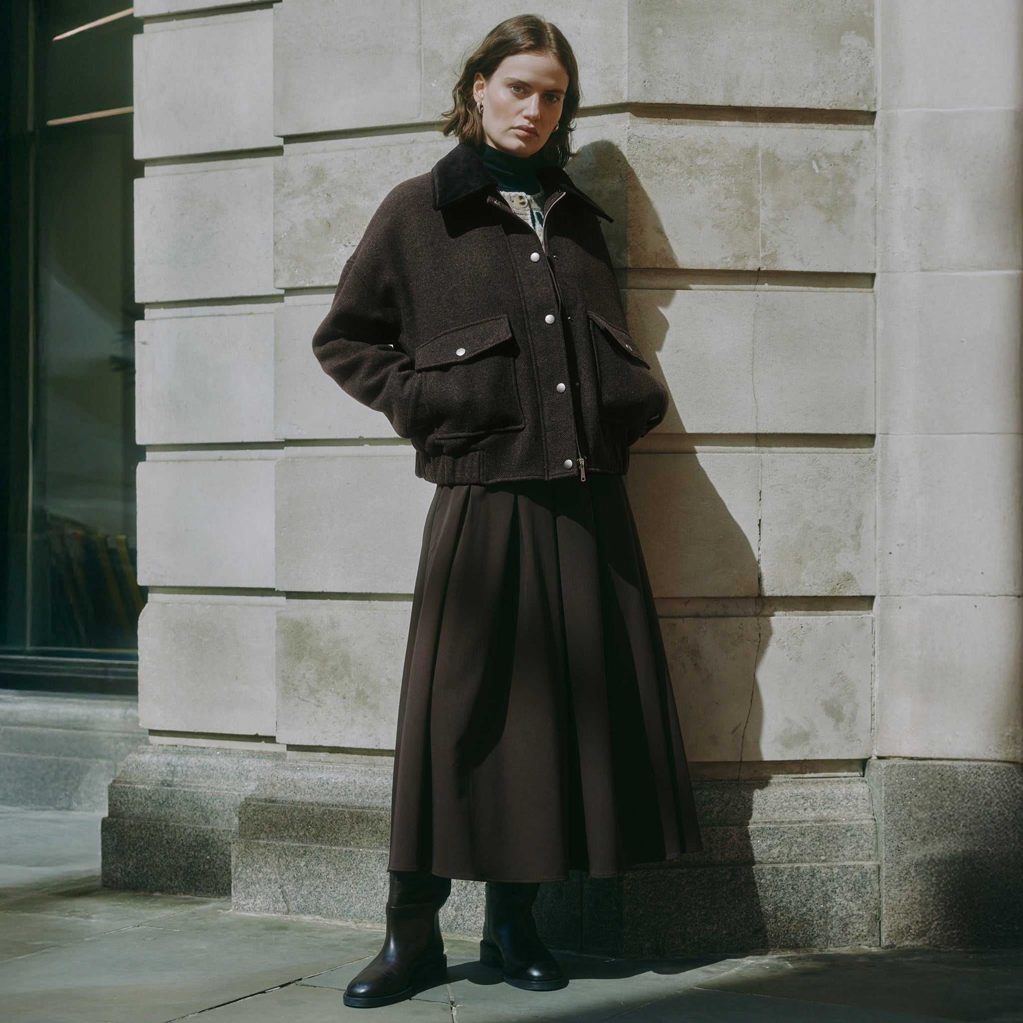 Chocolate wool jacket in boxy fit design for casual layering style  
