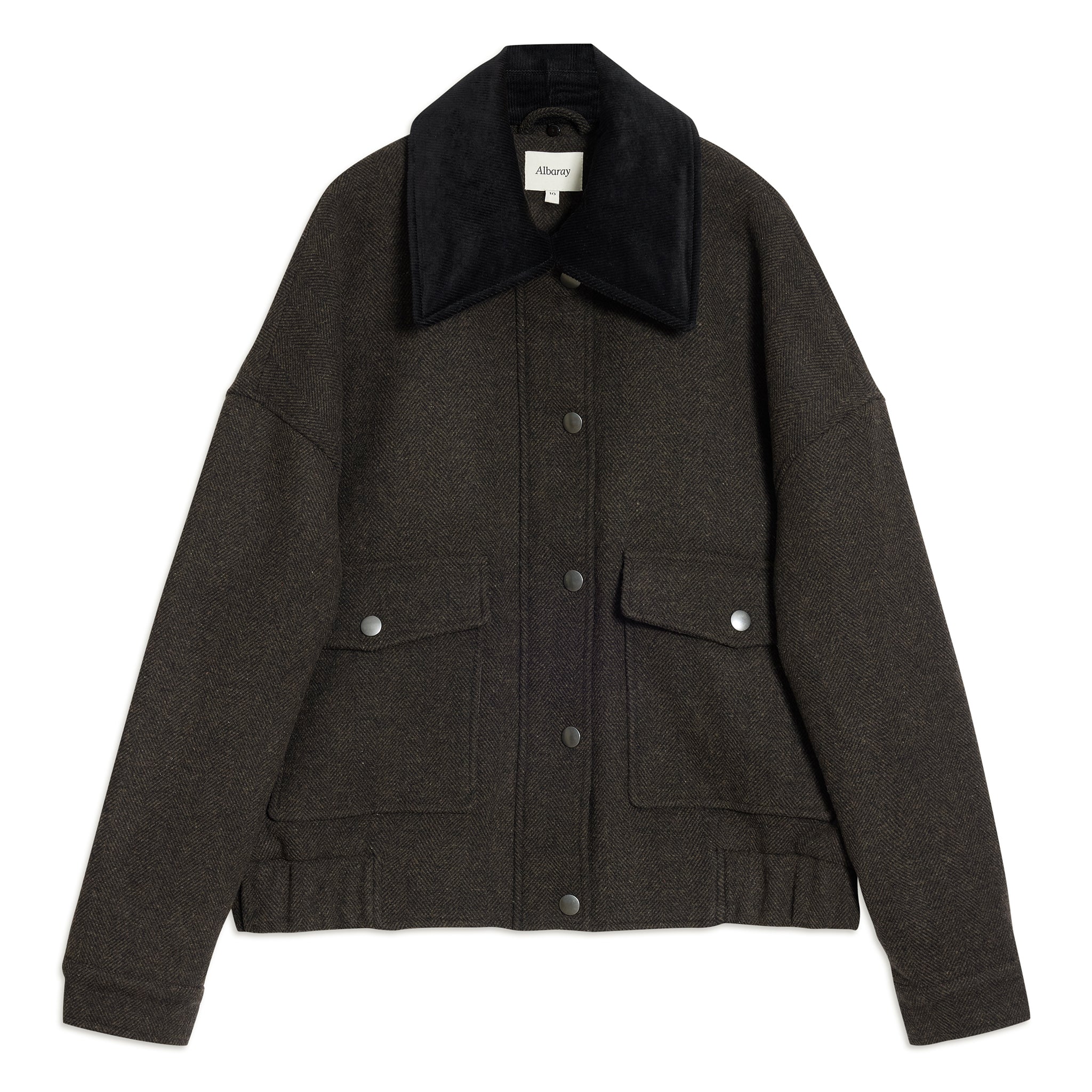 Relaxed fit chocolate jacket crafted in flannel fabric with bomber shape  