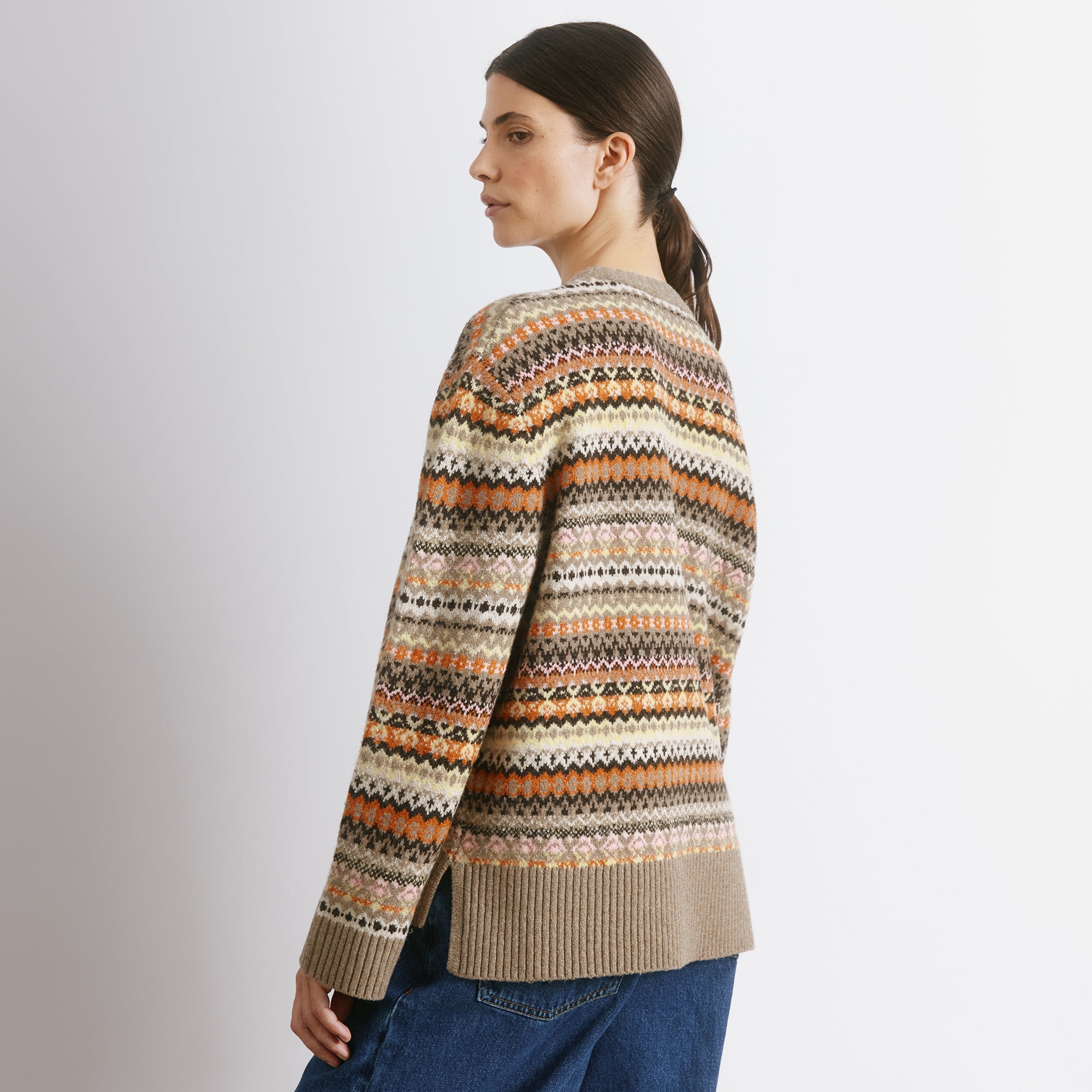 Fair isle jumper in neutral tones with classic crew neck wool blend knit  