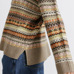 Traditional fair isle sweater styled as a soft neutral wool blend piece  