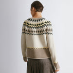 Wool blend fair isle cardigan with patterned knit yoke and horn buttons  