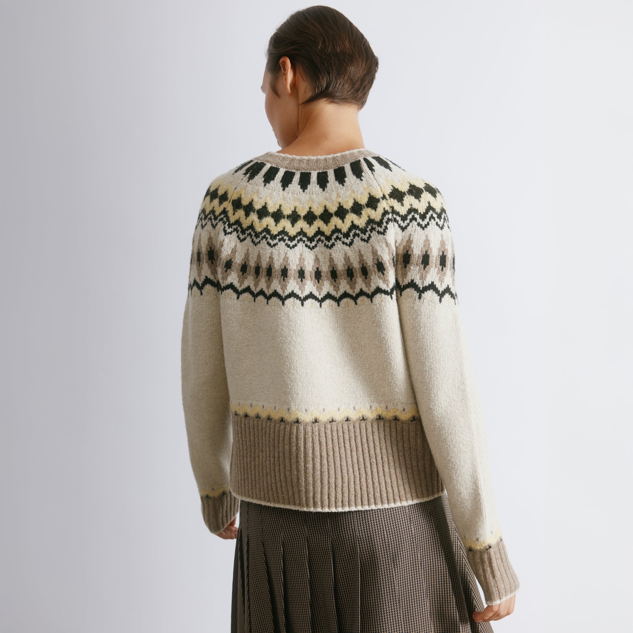 Wool blend fair isle cardigan with patterned knit yoke and horn buttons  