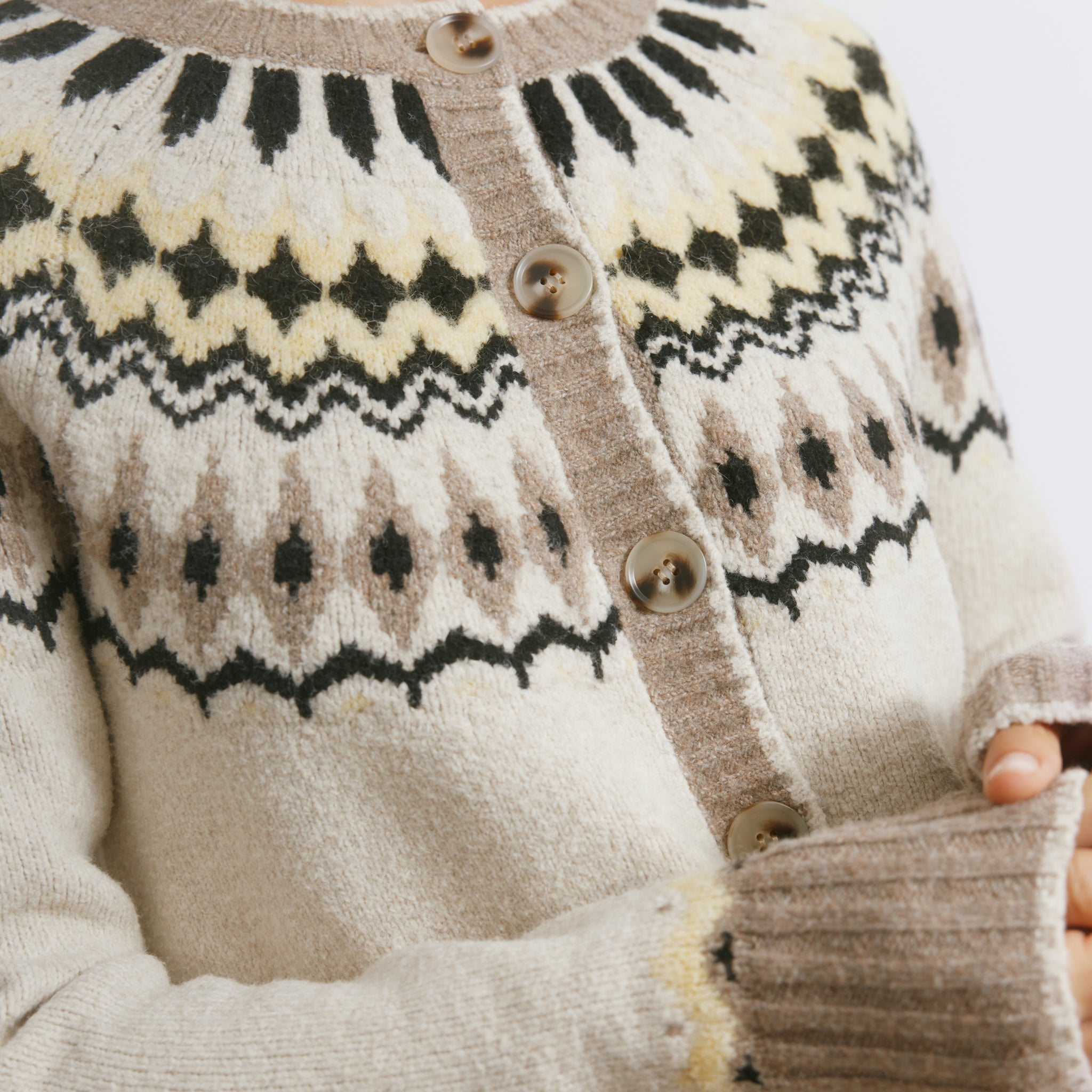 Heritage knit cardigan styled as a cosy fair isle wool blend layer  