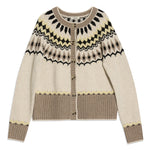 Fair isle knit yoke cardigan featuring horn button closure and classic design  