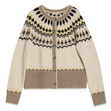 Fair isle knit yoke cardigan featuring horn button closure and classic design  