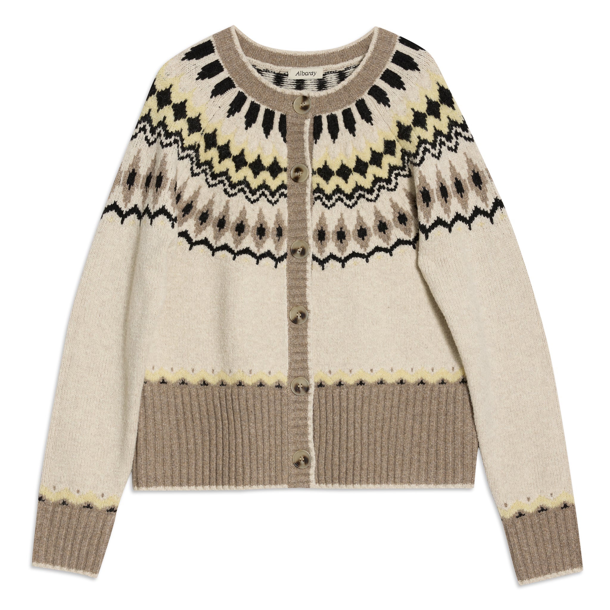 Fair isle knit yoke cardigan featuring horn button closure and classic design  