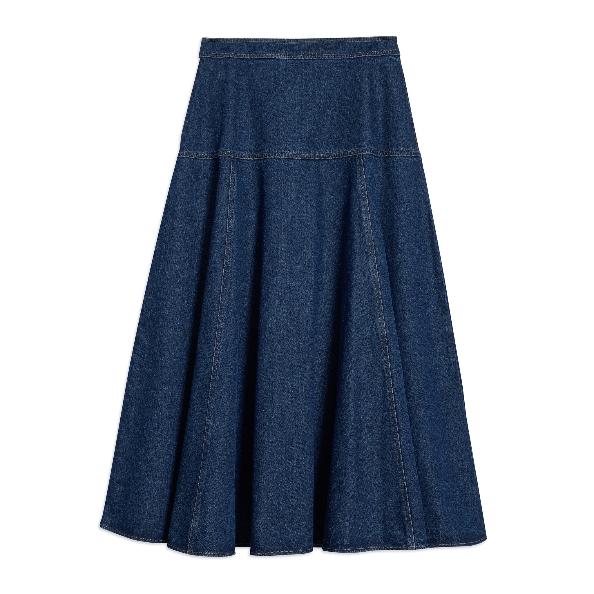Model wearing indigo denim midi skirt with drop waist and A-line shape, perfect for a conscious wardrobe staple made from sustainable materials.