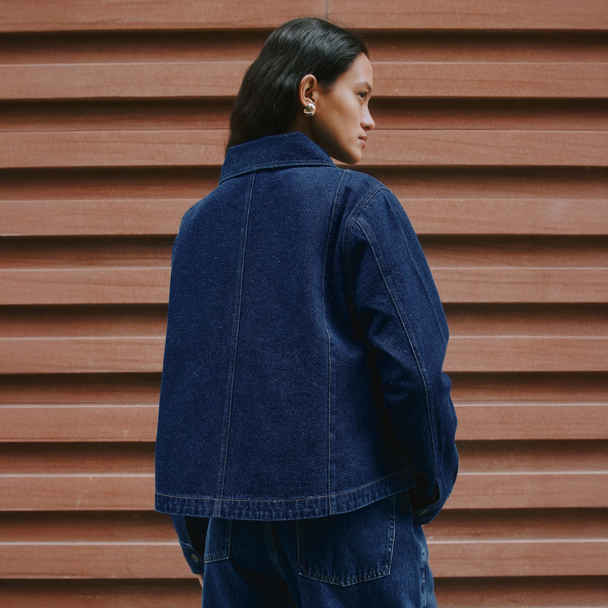 Indigo denim jacket, A-line denim jacket, contrast stitch denim jacket, button-front denim jacket, casual denim outerwear, organic cotton denim jacket, sustainable denim jacket, ethically made jacket