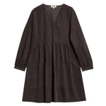 back detail of brown cord dress showcasing sustainable and ethically made corduroy fabric  