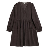 back detail of brown cord dress showcasing sustainable and ethically made corduroy fabric  