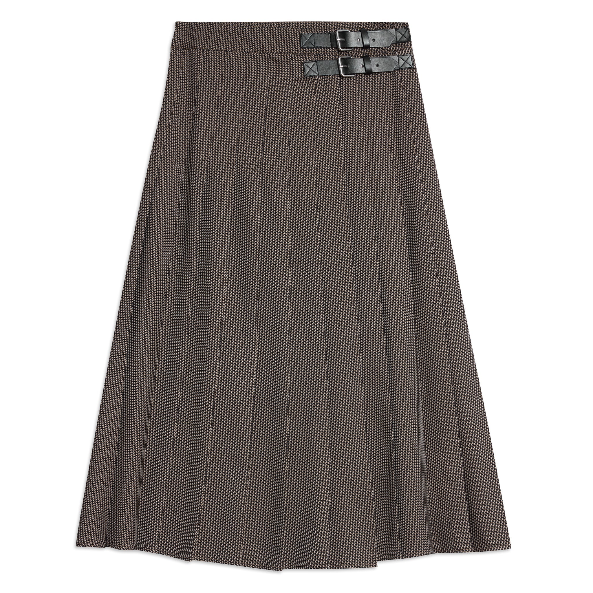 Detailed shot of houndstooth pleated skirt highlighting buckle and pleat craftsmanship, combining classic style with modern tailoring.