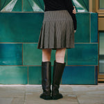 Houndstooth mini skirt, tailored pleat skirt, wrap front mini, pelmet style skirt, heritage check skirt, timeless autumn skirt, sustainable woven skirt, eco-conscious tailoring