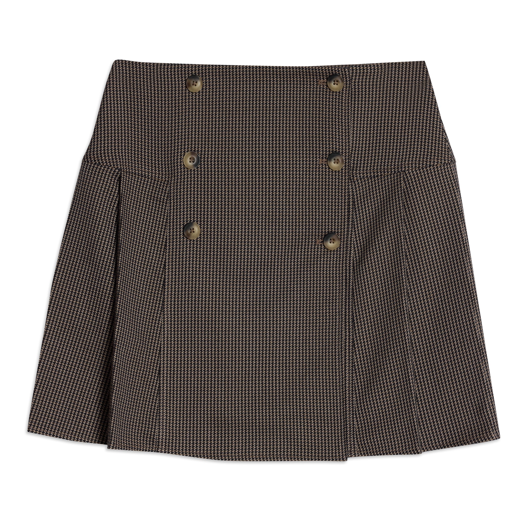 Classic houndstooth mini skirt styled with timeless autumn fashion, tailored pelmet style skirt, sustainable and eco-conscious woven fabric