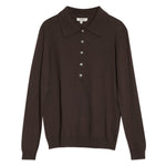 Chocolate knit polo displayed flat, emphasizing texture and fine knit in eco-friendly materials.