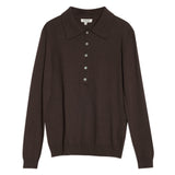Chocolate knit polo displayed flat, emphasizing texture and fine knit in eco-friendly materials.