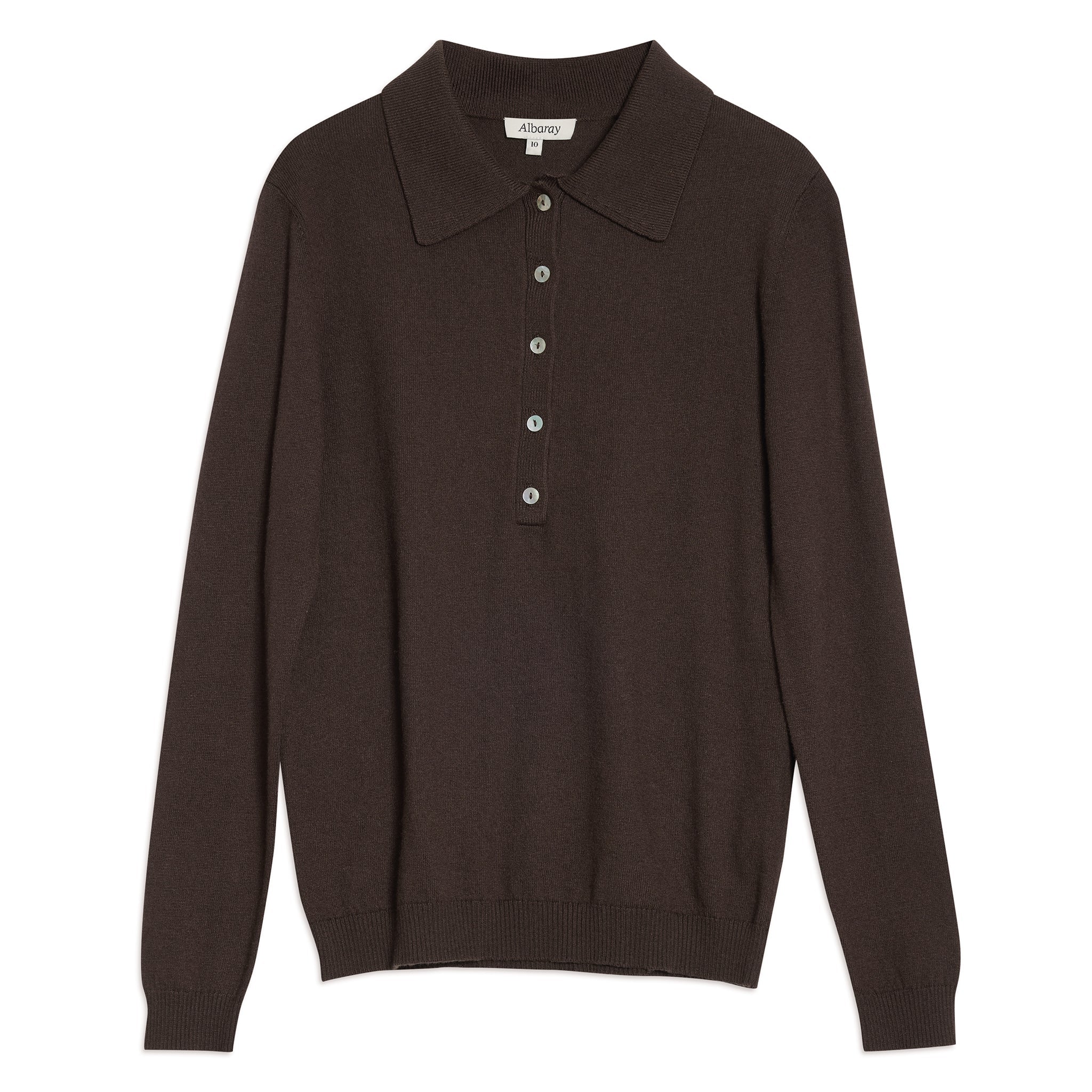 Chocolate knit polo displayed flat, emphasizing texture and fine knit in eco-friendly materials.