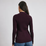 Burgundy knit top, slim fit rib sweater with collared ribbed cardigan, tonal button knit top, retro knit blouse, bamboo knitwear, sustainable ribbed top, ethically made knit blouse, eco-friendly bamboo sweater, conscious wardrobe staple