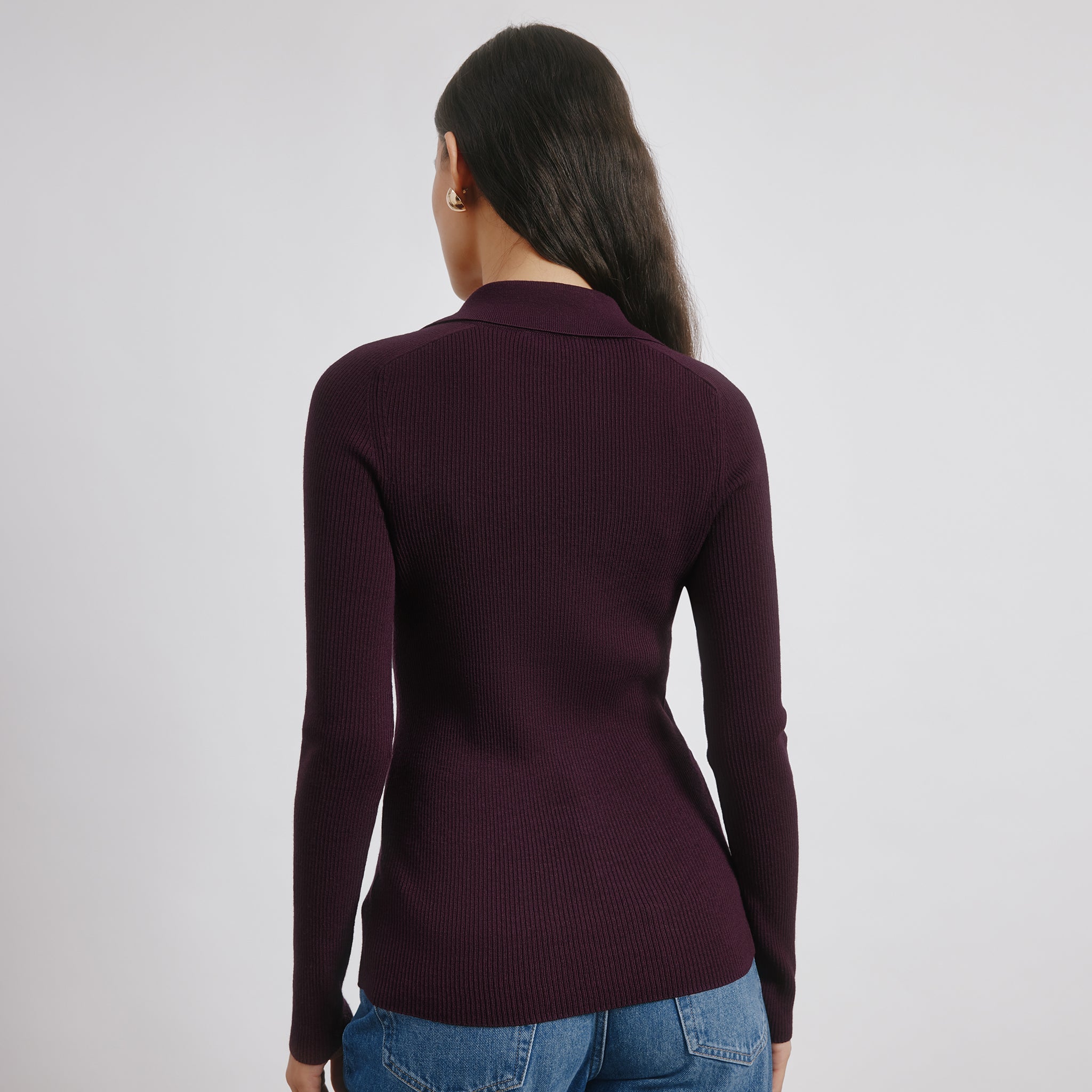 Burgundy knit top, slim fit rib sweater with collared ribbed cardigan, tonal button knit top, retro knit blouse, bamboo knitwear, sustainable ribbed top, ethically made knit blouse, eco-friendly bamboo sweater, conscious wardrobe staple