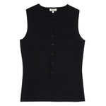 Back view of the black sleeveless cardigan, showing the sleeveless cut and longline knit structure for a comfortable, sustainable layering piece.