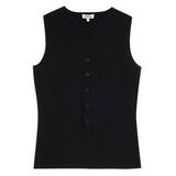 Back view of the black sleeveless cardigan, showing the sleeveless cut and longline knit structure for a comfortable, sustainable layering piece.