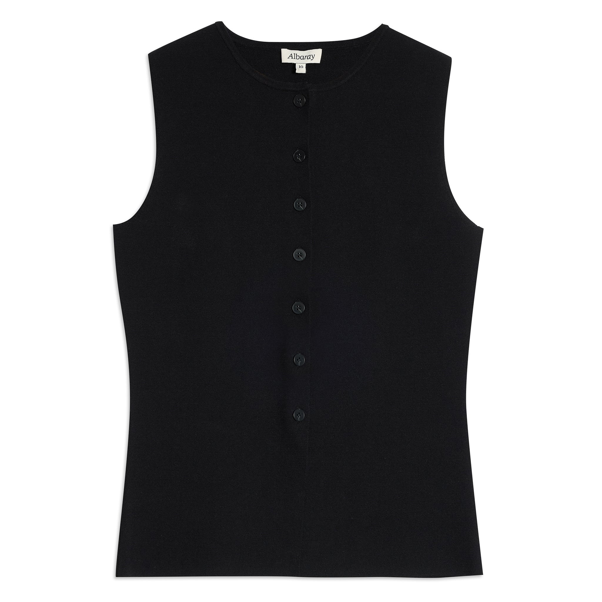 Back view of the black sleeveless cardigan, showing the sleeveless cut and longline knit structure for a comfortable, sustainable layering piece.