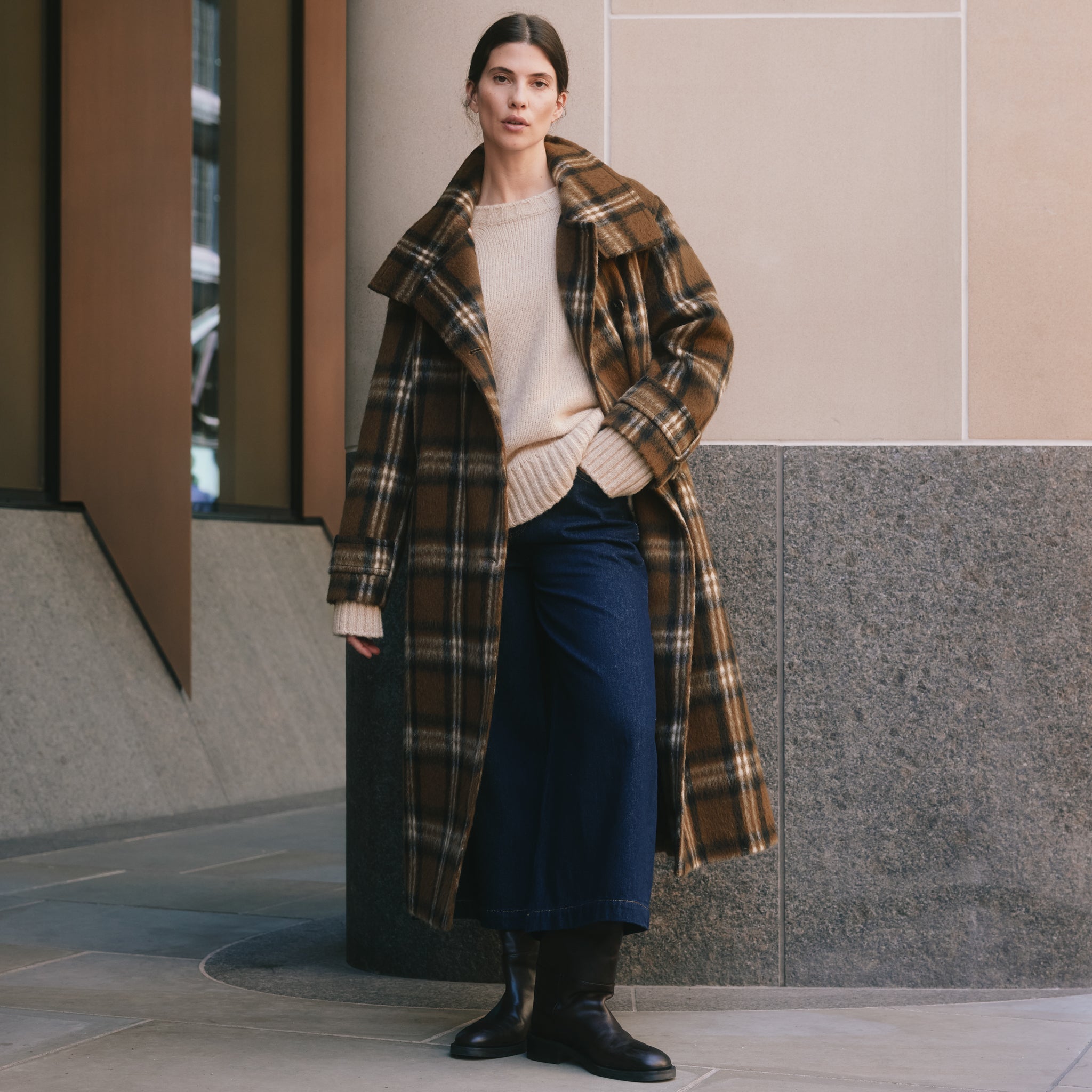 Check Funnel Neck Coat by Albaray