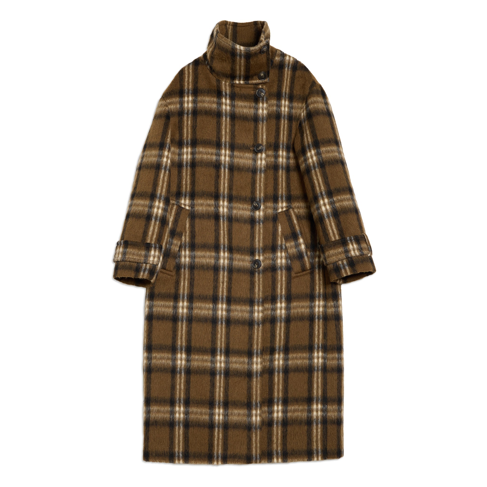 Long check wool jacket styled as an oversized winter coat with structured funnel neck and soft tailored shape.