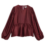 Burgundy party blouse in satin fabric with long sleeves and flattering fit  