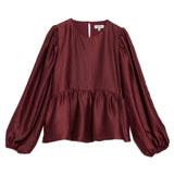 Burgundy party blouse in satin fabric with long sleeves and flattering fit  