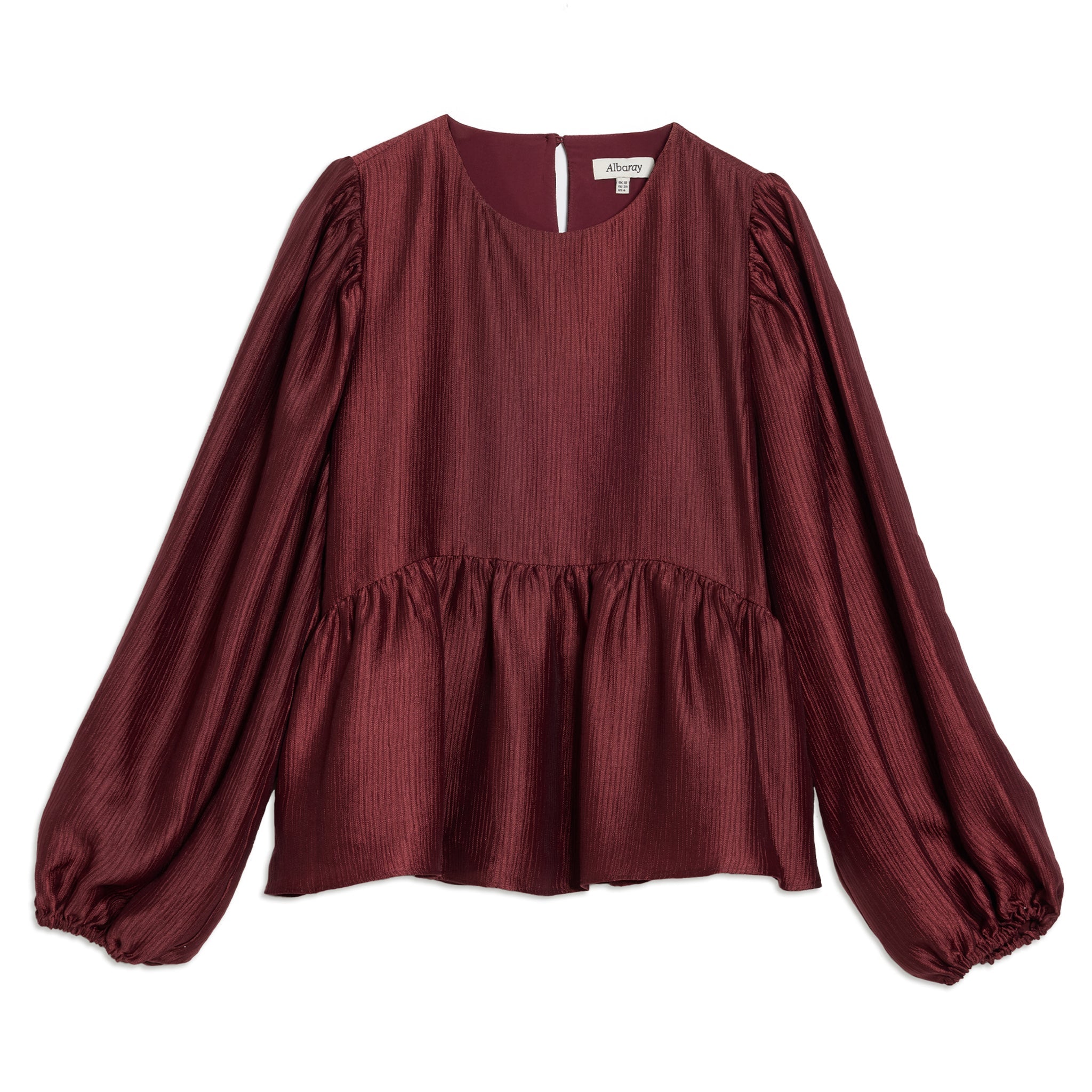 Burgundy party blouse in satin fabric with long sleeves and flattering fit  